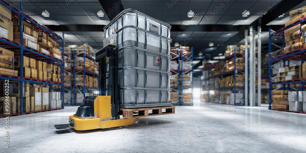 Forklift class 2 with IBC pallet tank inside a large warehouse - 3D Visualization