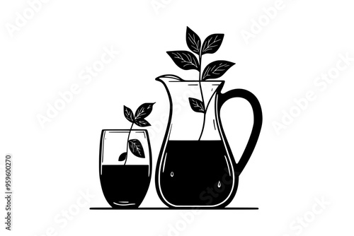 Jug of pear cider with a glass holding liquid and a sprig of fresh herbs, vector illustration art