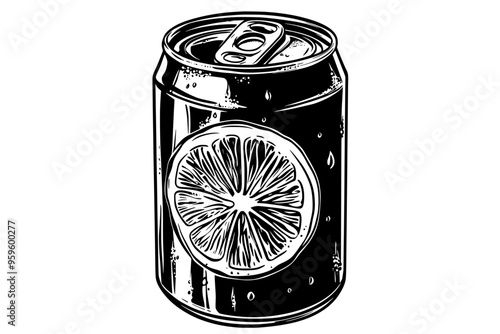 Lemon-lime drink can, unopened, with a visible pull tab and condensation droplets, vector illustration art