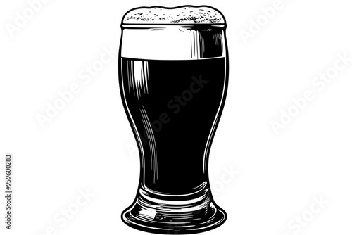 Large glass of stout beer with rich dark liquid and thick head, vector illustration art