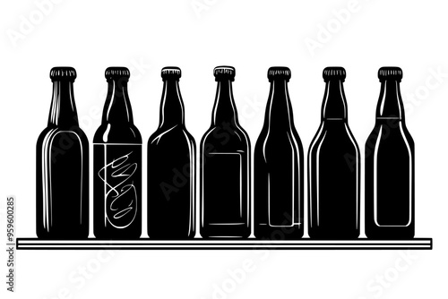 Lineup of gourmet soft drink bottles on a glass shelf, vector illustration art