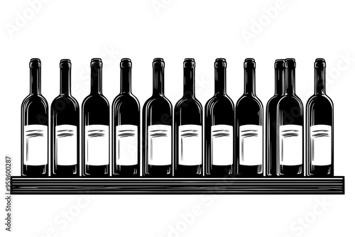 Lineup of fine wine bottles on a wooden rack, vector illustration art