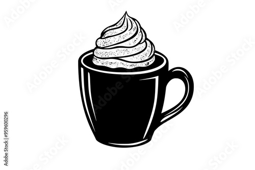 Mug filled with hot chocolate, topped with a swirl of whipped cream and dusted with cocoa powder, vector illustration art