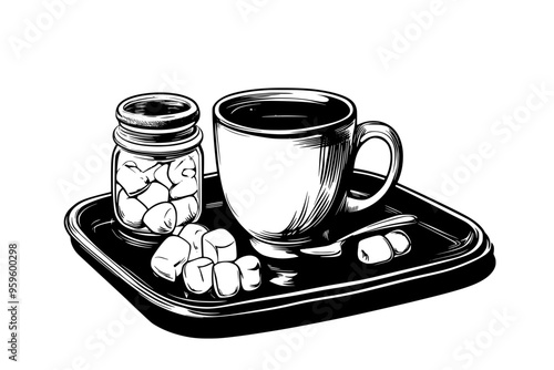 Mug of hot chocolate on a saucer with a spoon and a napkin beside it, vector illustration art