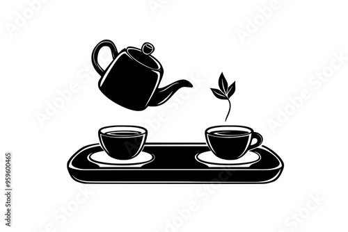 Small teapot pouring green tea into a matching teacup on a tray, vector illustration art