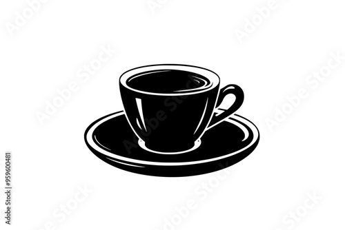 Small espresso cup filled with a dark liquid, placed on a circular plate, vector illustration art