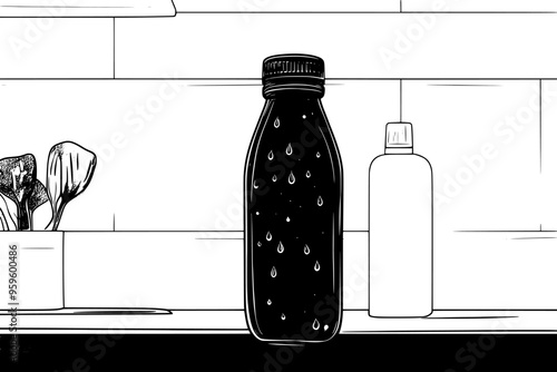 Smoothie bottle with condensation droplets indicating cold temperature, on a countertop, vector illustration art