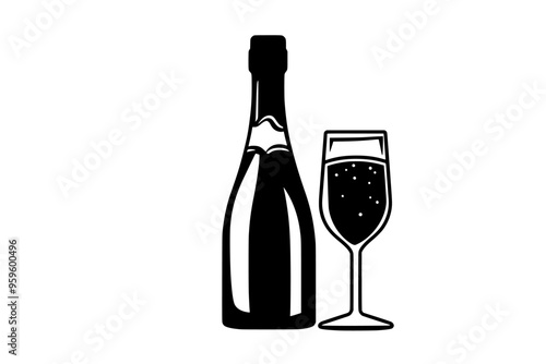 Sparkling wine bottle, partially uncorked, with filled flute glass, vector illustration art
