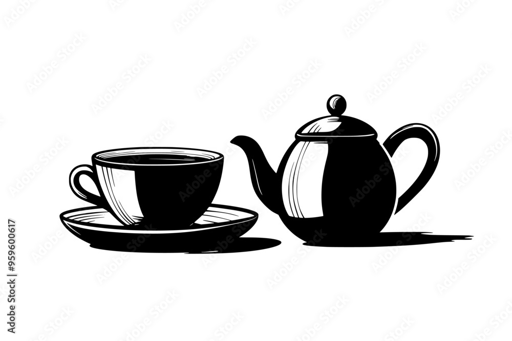 Teacup filled with chai beside a small teapot on a flat surface, vector illustration art Teacup filled with chai beside a small teapot on a flat surface, vector illustration art