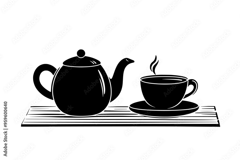 Teapot and a teacup filled with green tea on a wooden tray, vector illustration art