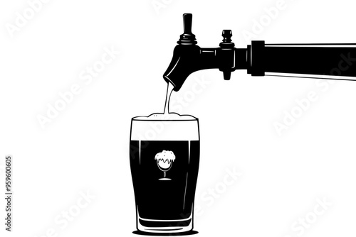 Stout beer tap pouring dark liquid into pint glass, foam, vector illustration art