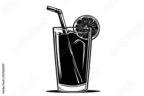 Tall glass of lemon-lime drink, with a straw and a lemon slice on the rim, vector illustration art