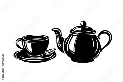 Teacup filled with chai beside a small teapot on a flat surface, vector illustration art