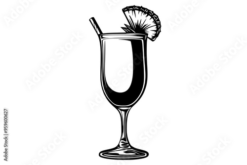 Tall glass of virgin piña colada, creamy with a pineapple slice on the rim, vector illustration art