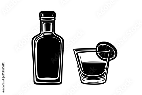 Tequila bottle with visible cork and filled shot glass with lime garnish, vector illustration art