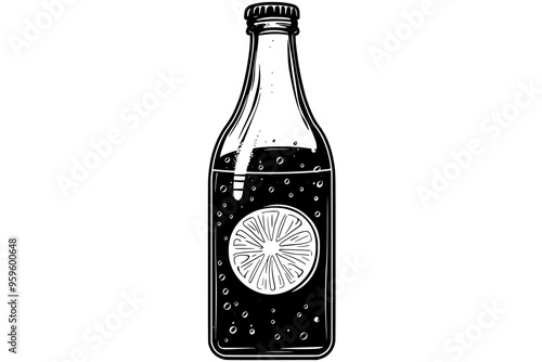 Transparent bottle containing sparkling water, with visible bubbles and a lemon slice inside, vector illustration art