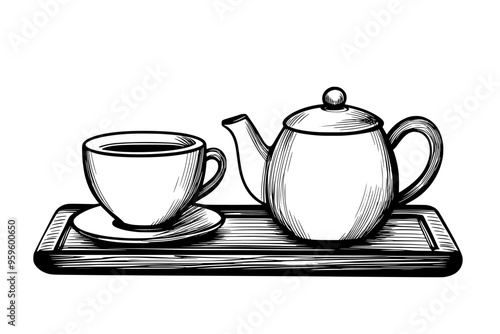 Teapot filled with chai next to a matching cup on a wooden tray, vector illustration art