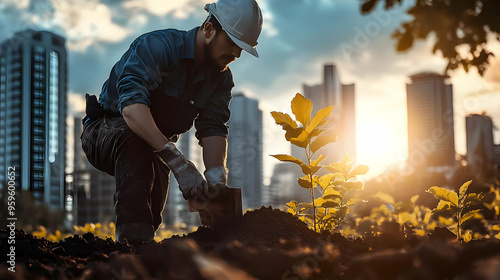 A worker planting a young t...
