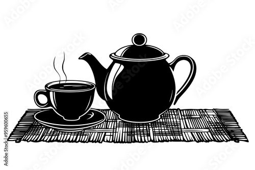 Teapot of chai with a filled teacup on a bamboo mat, vector illustration art