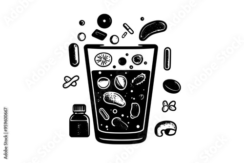 Transparent vessel holding water, with a description of vitamins and minerals displayed, vector illustration art