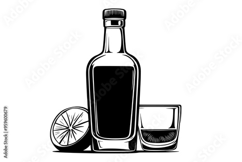 Tequila bottle and filled shot glass beside salt shaker and lime slice, vector illustration art