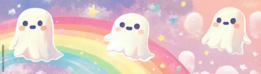 A whimsical scene featuring cute cartoon ghosts floating over a vibrant rainbow, surrounded by stars and pastel bubbles. A whimsical scene featuring cute cartoon ghosts floating over a vibrant rainbow, surrounded by stars and pastel bubbles.