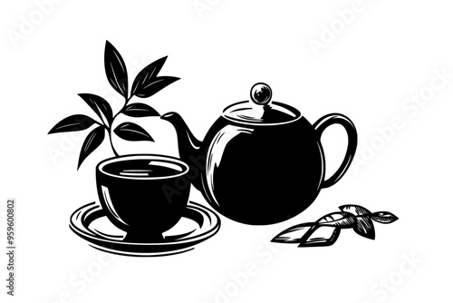 Herbal tea set with a teapot and cup on a flat surface, vector illustration art