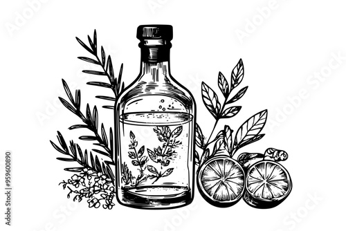 Open gin bottle with filled glass, garnished with botanicals and herbs, vector illustration art