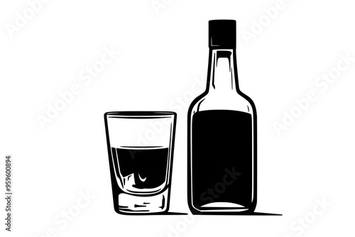 Uncorked vodka bottle and a filled shot glass, vector illustration art