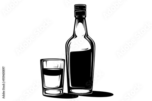 Uncorked vodka bottle and a filled shot glass, vector illustration art
