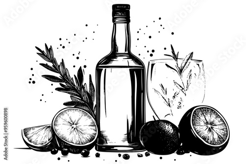 Unopened gin bottle with filled glass, fresh herbs, and fruits, vector illustration art