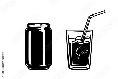 Unopened can next to a glass holding liquid, with a straw inserted, vector illustration art