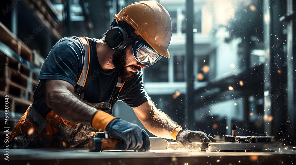 A worker using power tools in a workshop, focused on craftsmanship. A worker using power tools in a workshop, focused on craftsmanship.