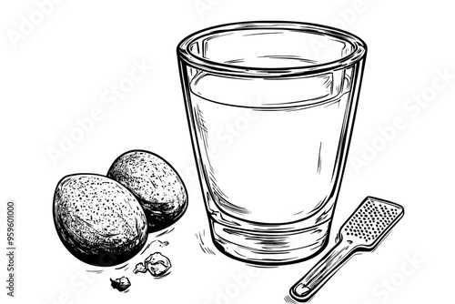 Eggnog in clear glass, placed next to whole nutmeg and a small grater, vector illustration art