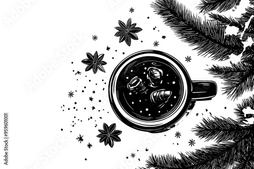 Cup of hot beverage with nutmeg and whole cloves next to pine branches, vector illustration art