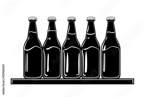Glass bottles of artisanal sodas standing upright on a sleek shelf, vector illustration art