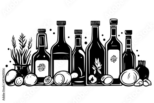 Glass bottles containing liquid, arranged on a clean surface with fresh ingredients around, vector illustration art