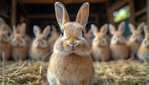 A curious bunny facing the camera, surrounded by a group of rabbits in a hayfilled barn photo