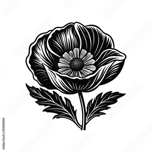 Poppy flower icon silhouette. Flat poppy flower vector icon for web design black