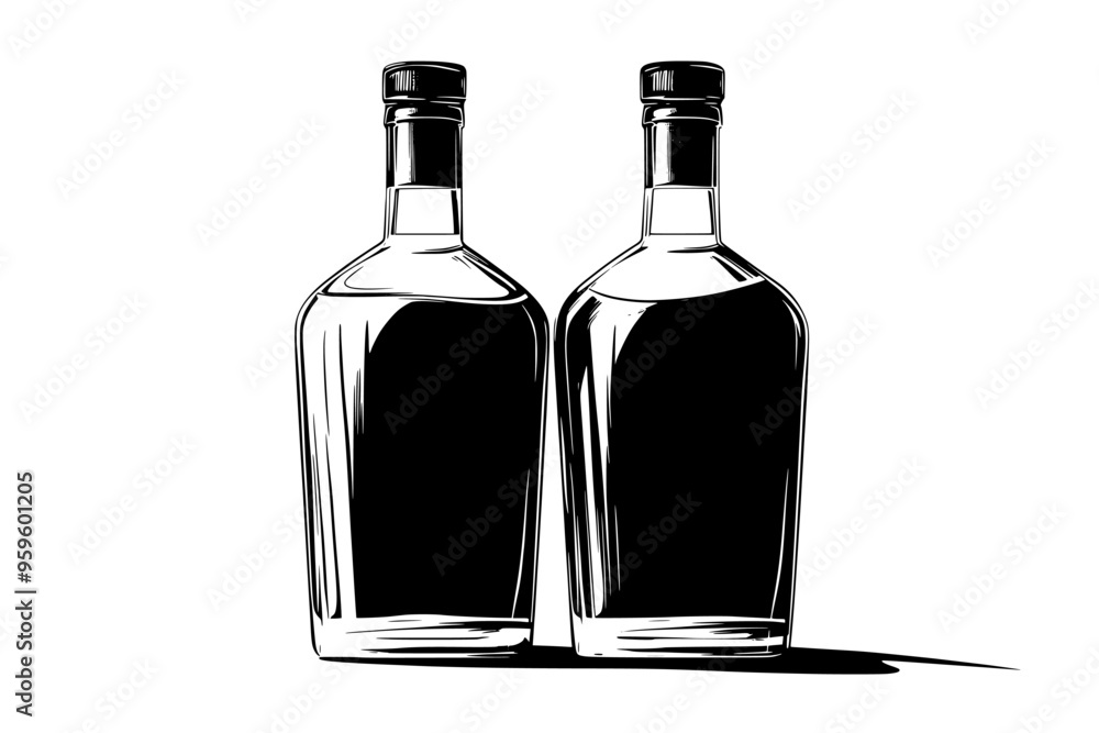 Glass bottles of luxury gin standing upright on plain surface, vector illustration art Glass bottles of luxury gin standing upright on plain surface, vector illustration art