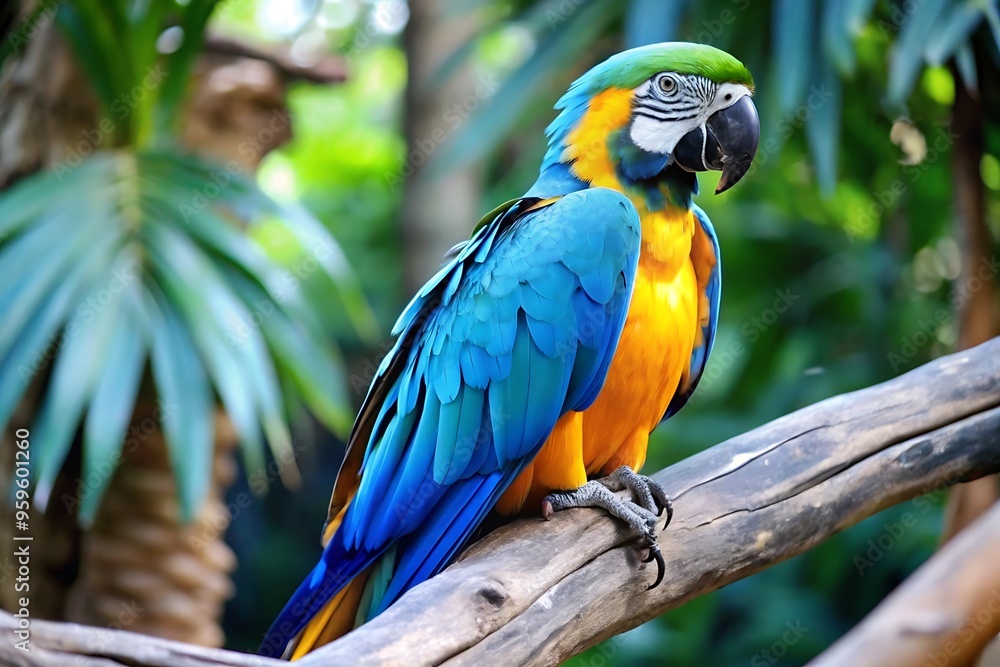 A Colorful Parrot With a Blue Tail Sits on a Branch A Colorful Parrot With a Blue Tail Sits on a Branch