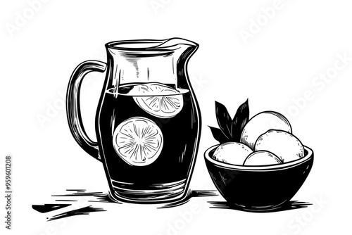 Large glass pitcher containing lemonade beside a bowl of lemons, vector illustration art