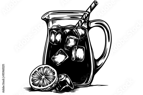 Large glass pitcher containing iced tea with ice cubes and lemon slices, vector illustration art