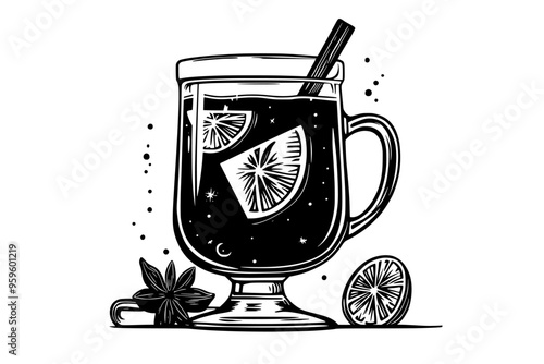 Mulled wine in clear glass with floating spices and citrus wedges, vector illustration art