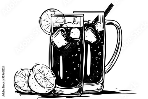 Lemonade in tall glass with lemon wedge garnish beside a pitcher, vector illustration art