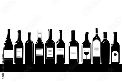 Vintage wine bottles displayed neatly on a stone countertop, vector illustration art