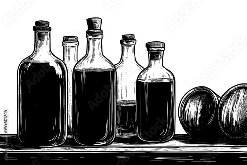Multiple glass containers with liquid, with jars of probiotic cultures nearby on a surface, vector illustration art