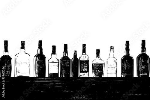 Neatly arranged aged whisky bottles on a dark wooden countertop, vector illustration art