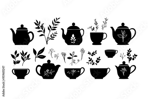 Multiple teapots and cups with liquid, accompanied by loose tea leaves on a clean background, vector illustration art