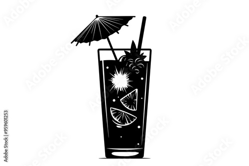 Tall glass of tropical cocktail with fruit slice garnish and umbrella, vector illustration art